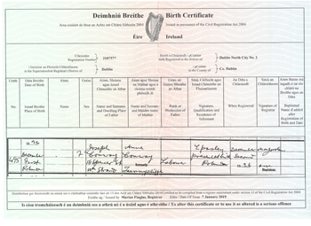 Birth Certificate copy, issued 07 January 2019 by Marian Finglas, Registrar